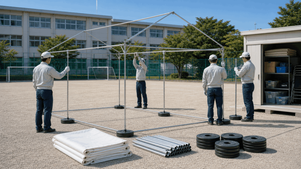 防災テントを安全に組み立てている作業者