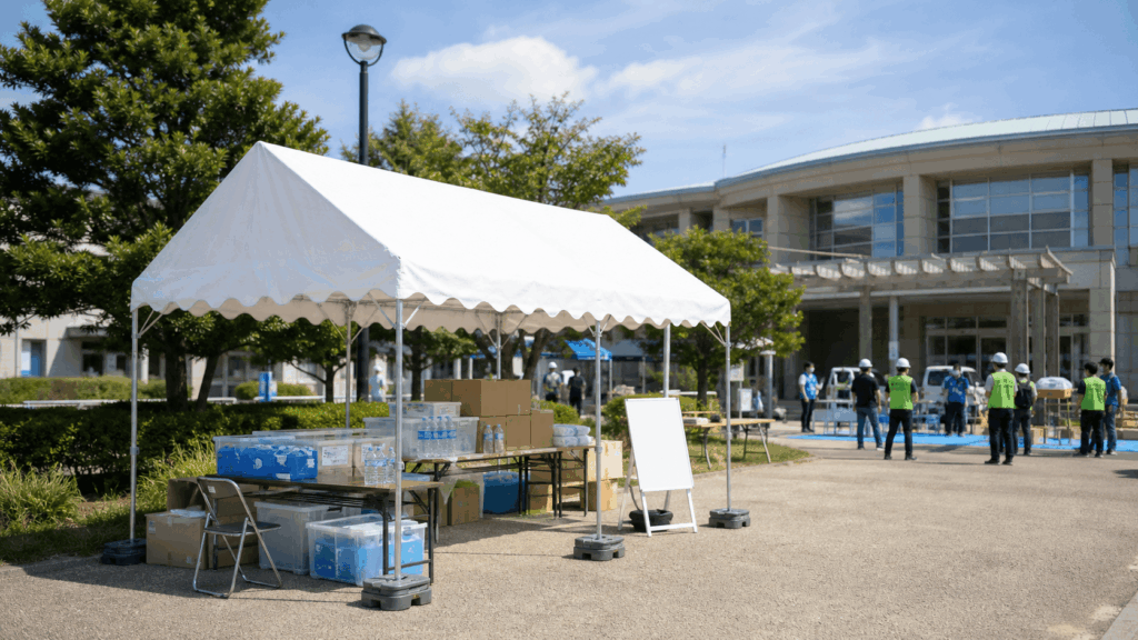 自治体の防災訓練で設置された白い防災テント