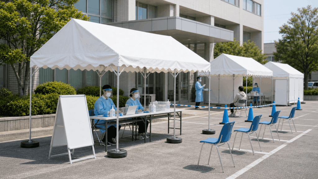 病院前に設置された臨時受付・発熱外来用のテント