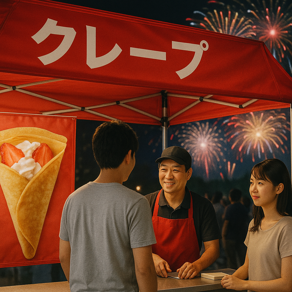 夜の縁日でクレープ店の屋台に使われている赤いプリントテント