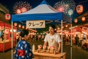 夏祭りのクレープ屋台に使われている青と白のエアフローテント