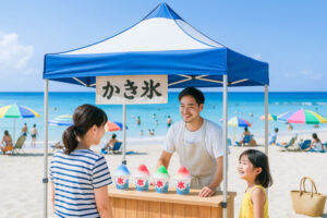 海辺のかき氷屋台に使われているエアフローテント