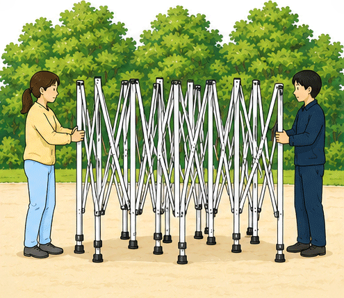 組み立て手順2:二人でフレームを広げる(イラスト)
