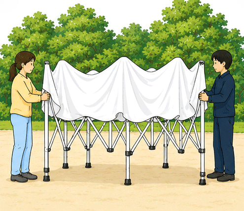 組み立て手順3:天幕を整えて固定する(イラスト)