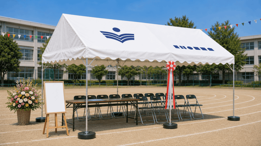 学校名と卒業年度が名入れされた寄贈テント
