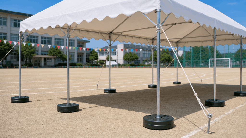 運動会用テントの柱に重り（ウェイト）を取り付けて風対策する様子