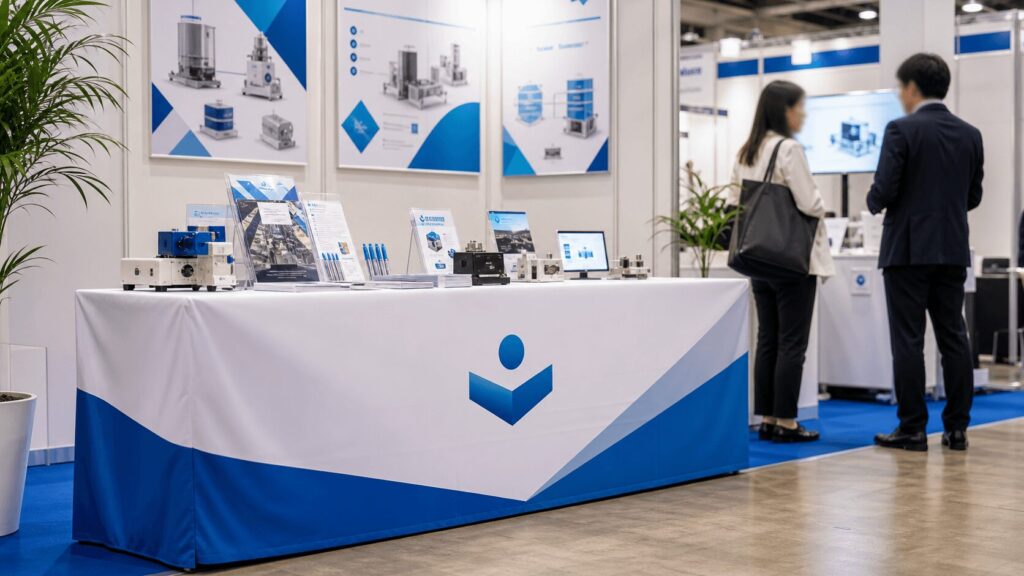 展示会ブースでブランドカラーのテーブルカバーを使った受付と商品展示