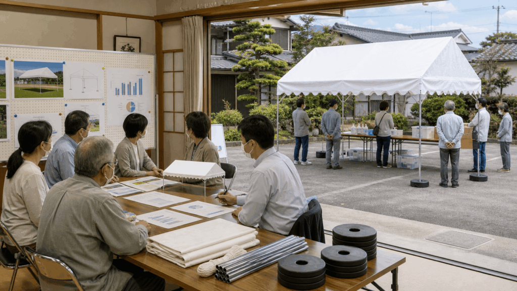 宝くじ助成金の対象になる集会用テントと横幕・重りなどの付属品
